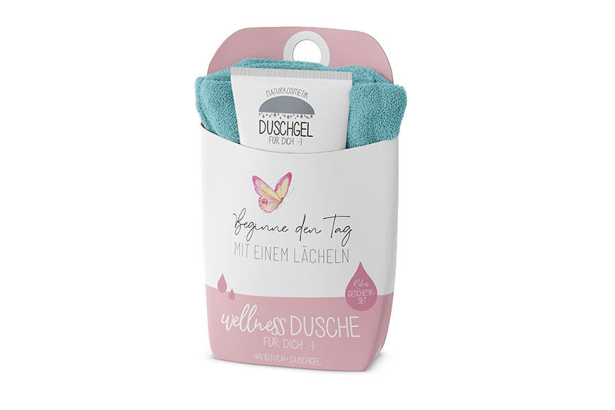 108664 Geschenkset Wellness Dusche (Duschgel + Frottee Handtuch) Beginne den Tag mit einem Lächeln, 4027268282425