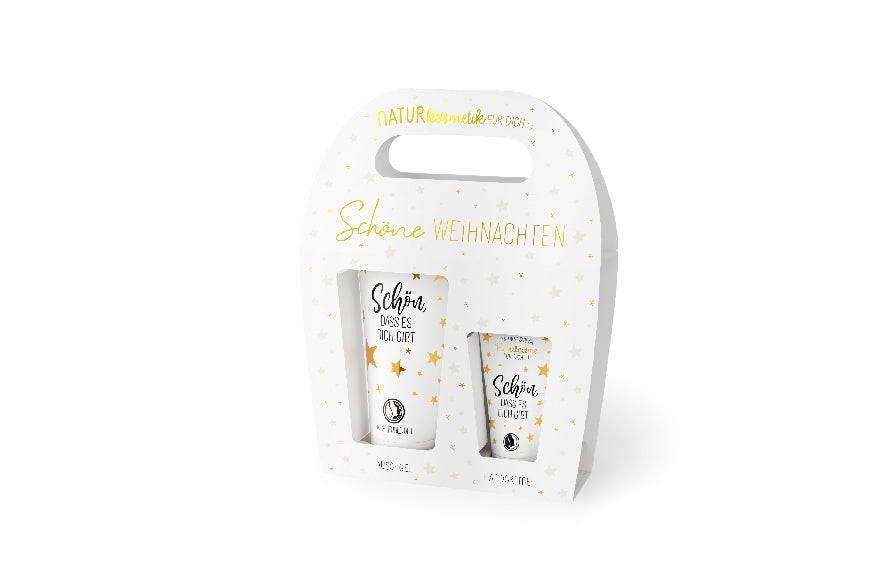 Naturkosmetikset Schöne Weihnachten mit Duschgel & Handcreme. Vegan & zertifiziert. Verpackung in Weiß mit goldenen Sternen von Geschenk für Dich.