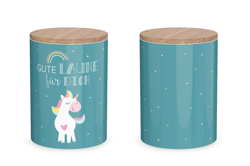 308582 türkise Vorratsdose mit Spruch Gute Laune für Dich und Einhorn Motiv von Geschenk für Dich, 4027268335602