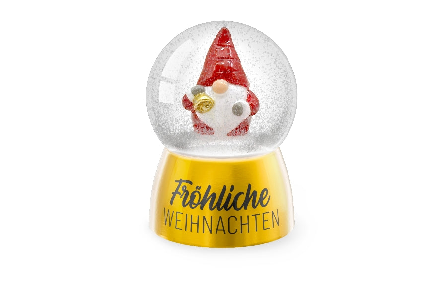Geschenk für Dich Glitzerkugel mit goldenen Sockel und Aufschrift Fröhliche Weihnachten mit Wichtel