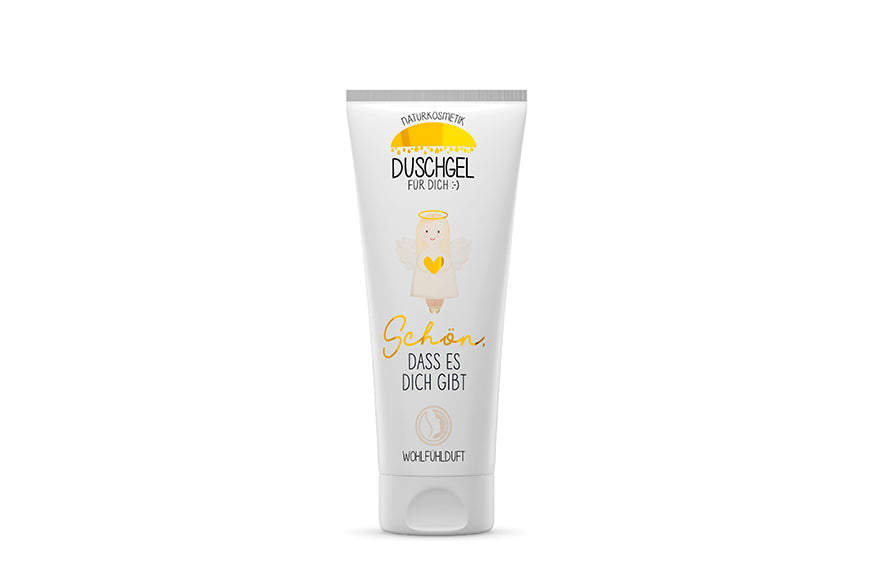 Naturkosmetik Duschgel mit Aufschrift Schön, dass es Dich gibt von Geschenk für Dich, Engel-Motiv & Herz