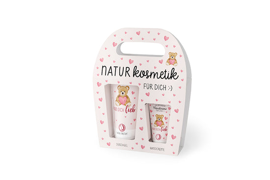 129389  Geschenk für Dich Naturkosmetik Duschgel und Handcreme mit Aufschrift Hab Dich Lieb - Teddy