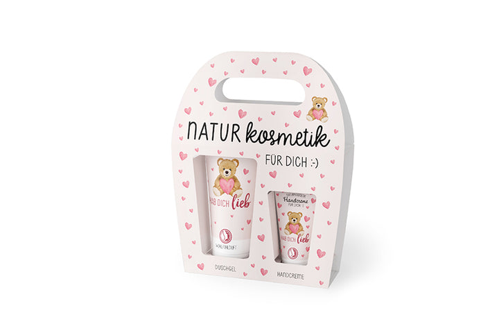 129389  Geschenk für Dich Naturkosmetik Duschgel und Handcreme mit Aufschrift Hab Dich Lieb - Teddy