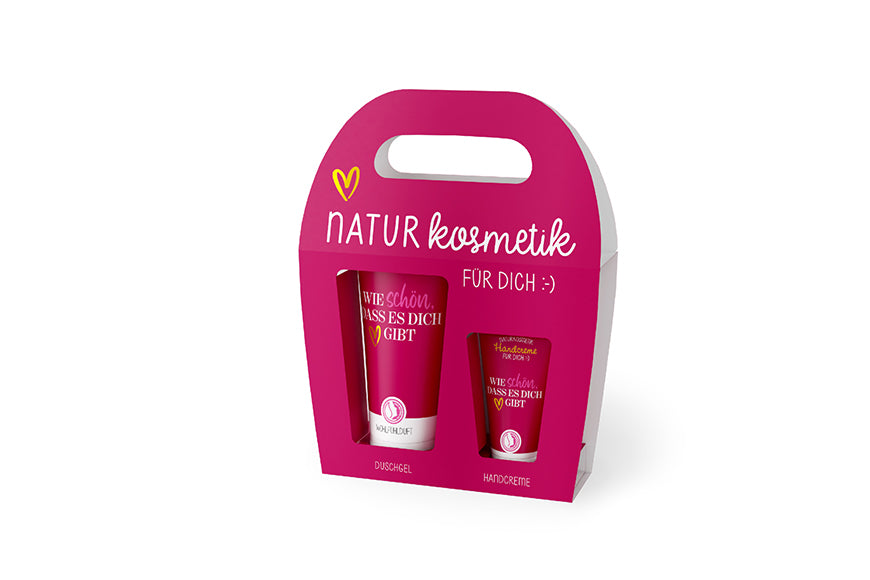 129713  Geschenk für Dich Naturkosmetik Duschgel und Handcreme mit Aufschrift Wie schön, dass es Dich gibt