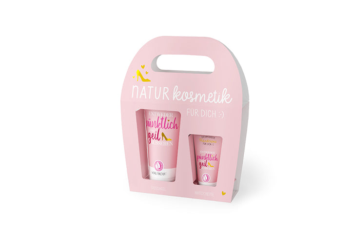 129715  Geschenk für Dich Naturkosmetik Duschgel und Handcreme mit Aufschrift Entweder pünktlich oder geil aussehen