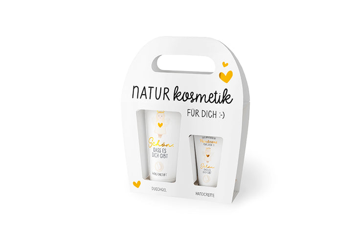 Naturkosmetikset Schön, dass es Dich gibt mit Duschgel & Handcreme von Geschenk für Dich. Mit Engel-Motiv & Herz 