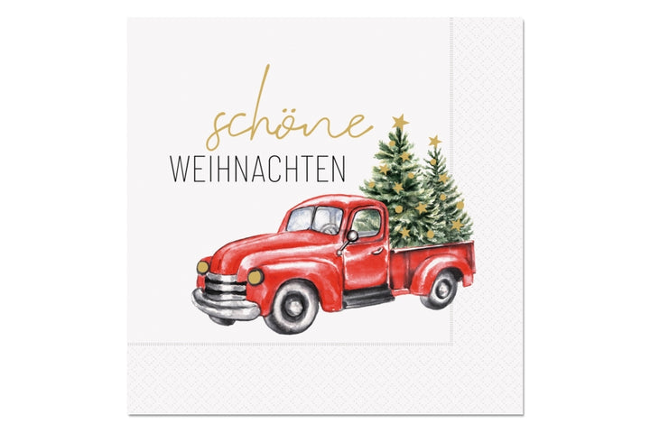 130171 Weihnachtliche Servietten mit Aufschrift Schöne Weihnachten und roten Pickup von Geschenk für Dich