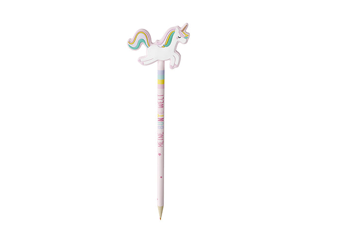 182331 Geschenk für Dich Bleistift Vierfarbstift mit Aufschrift Meine bunte Welt und Einhorn Topper
