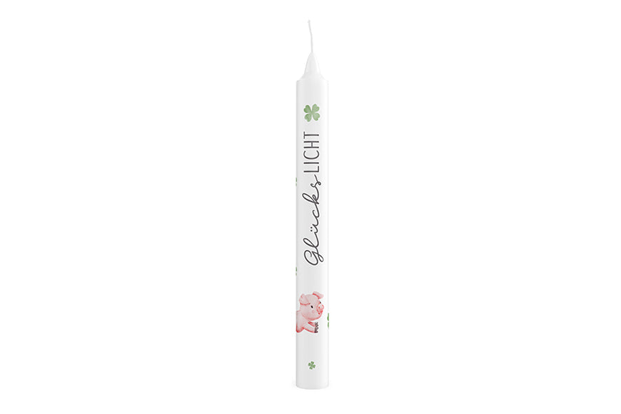 Geschenk für Dich Stabkerze mit Aufschrift Glückslicht und Glücksschwein und Kleeblatt Motiv