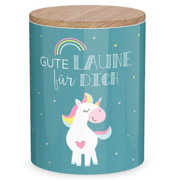 308582 türkise Vorratsdose mit Aufschrift Gute Laune für Dich und Einhorn Motiv von Geschenk für Dich, 4027268335602