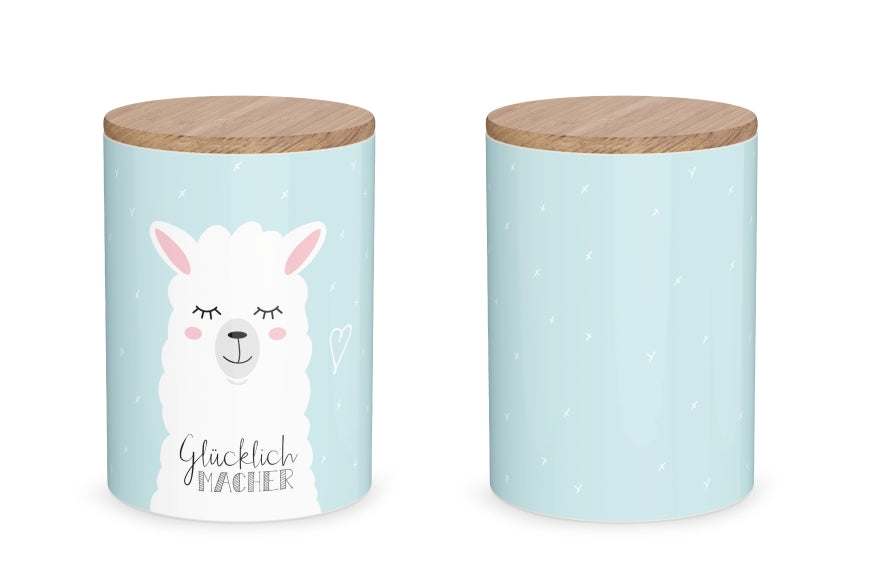 308673 Geschenk für Dich hellblaue Vorratsdose mit Aufschrift Glücklich Macher und Lama Motiv, 4027268335619