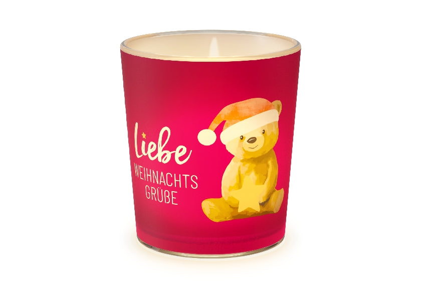 Geschenk für Dich Windlicht mit Aufschrift Liebe Weihnachtsgrüße und Motiv Teddy mit Mütze