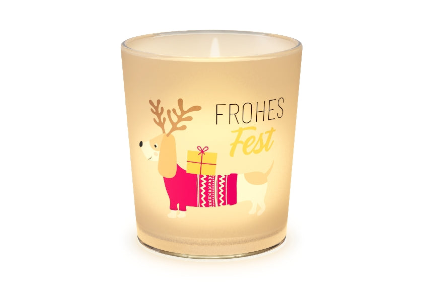 Geschenk für Dich Windlicht mit Aufschrift Frohes Fest und weihnachts-Dackel Motiv