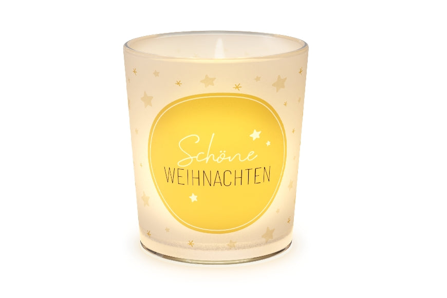 Geschenk für Dich Windlicht aus Glas mit Aufschrift „Schöne Weihnachten“ & goldenen Sternen.