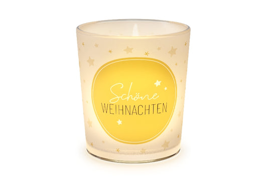 Geschenk für Dich Windlicht aus Glas mit Aufschrift „Schöne Weihnachten“ & goldenen Sternen.