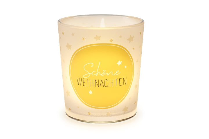 Geschenk für Dich Windlicht aus Glas mit Aufschrift „Schöne Weihnachten“ & goldenen Sternen.