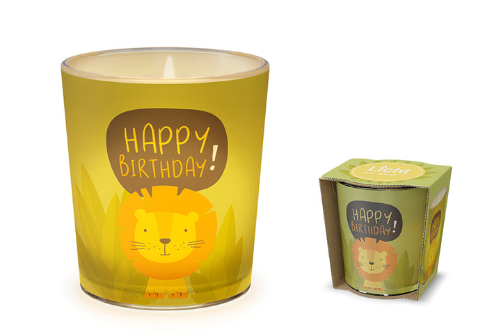 640334 Geschenk für Dich Windlicht mit Spruch Happy Birthday, mit süßem Löwen Motiv