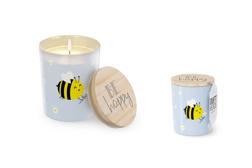 651589 Geschenk für Dich Dufkerze im hellblauen Windlichtglas mit Spruch Be happy, 4027268334223