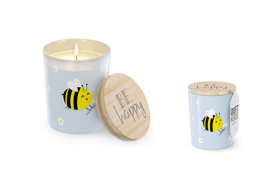651589 Geschenk für Dich Dufkerze im hellblauen Windlichtglas mit Spruch Be happy, 4027268334223