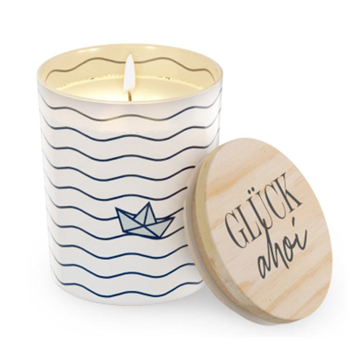 651843 Geschenk für Dich Ocean Duftkerze mit Spruch Glück Ahoi, maritimes Windlicht, 4027268333998