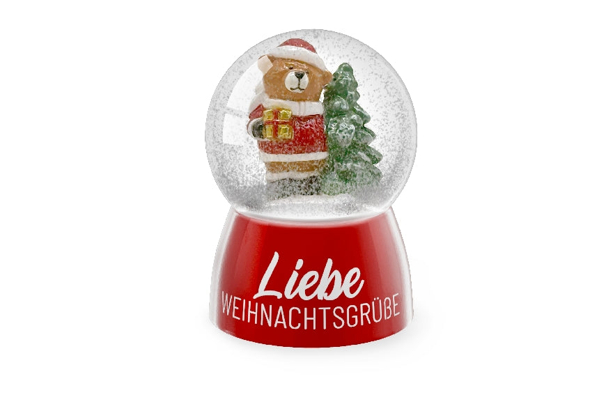 Geschenk für Dich Glitzerkugel mit roten Sockel und Aufschrift Liebe Weihnachtsgrüße und Weihnachtsbär, Schneekugel