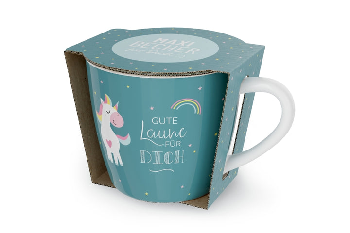 910582, Maxi Becher mit Aufschrift Gute Laune für Dich und Einhorn Motiv, Jumbobecher Unicorn von Geschenk für Dich, 40272683354