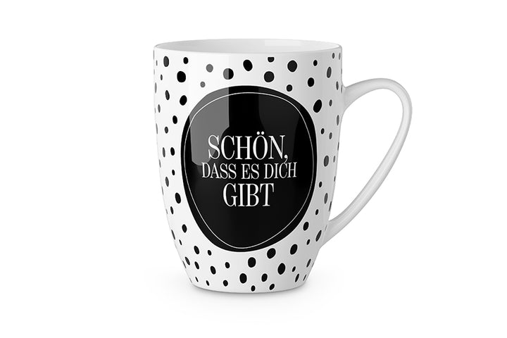 950572 Tasse, Becher mit Spruch Schön, dass es Dich gibt schwarz weiß gepunktet, 4027268312818, Geschenk für Dich