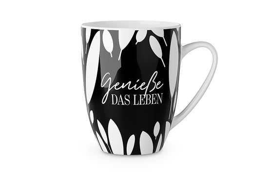 950574 Tasse, Becher mit Spruch Genieße das Leben schwarz weiß, 4027268312832, Geschenk für Dich