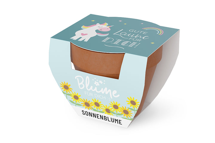 980582980589 Geschnek für Dich Sonnenblume im Topf, Motiv Einhorn Aufschrift Gute Laune für Dich, Geschenkidee