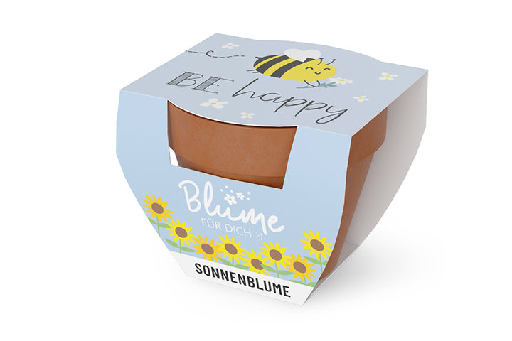 980589 Geschnek für Dich Sonnenblume im Topf, mit Aufschrift Be Happy Biene, Geschenkidee