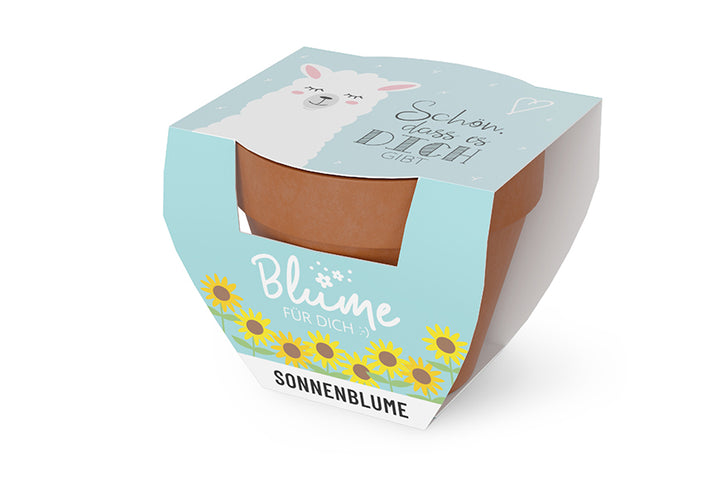 980673980589 Geschnek für Dich Sonnenblume im Topf, Motiv Lama Aufschrift Schön, dass es Dich gibt, Geschenkidee