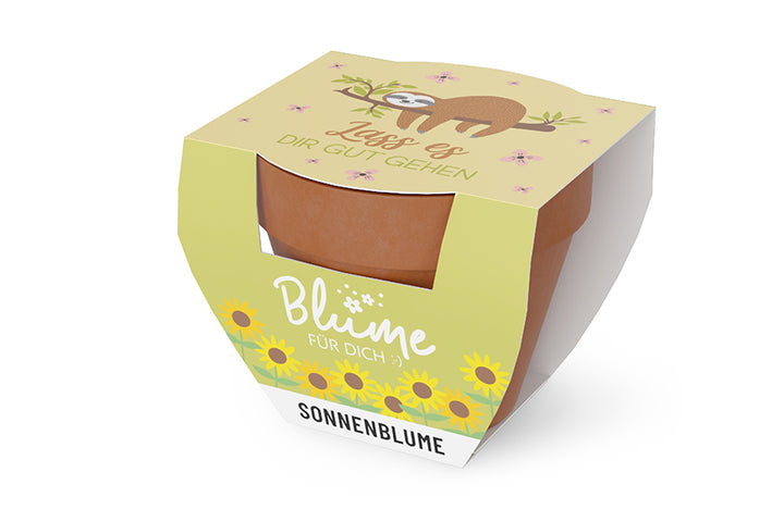 980677980589 Geschnek für Dich Sonnenblume im Topf, Motiv Faultier Aufschrift Lass es Dir gut gehen, Geschenkidee